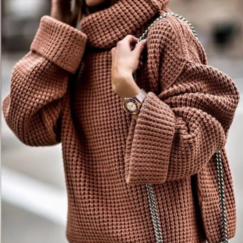 Free People Chunky Knit Mock Neck Turtleneck Funnel Neck Sweater Brown